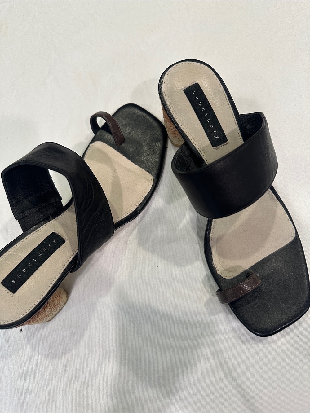 Sanctuary Black Leather Slide Mules with Brown Toe Loop